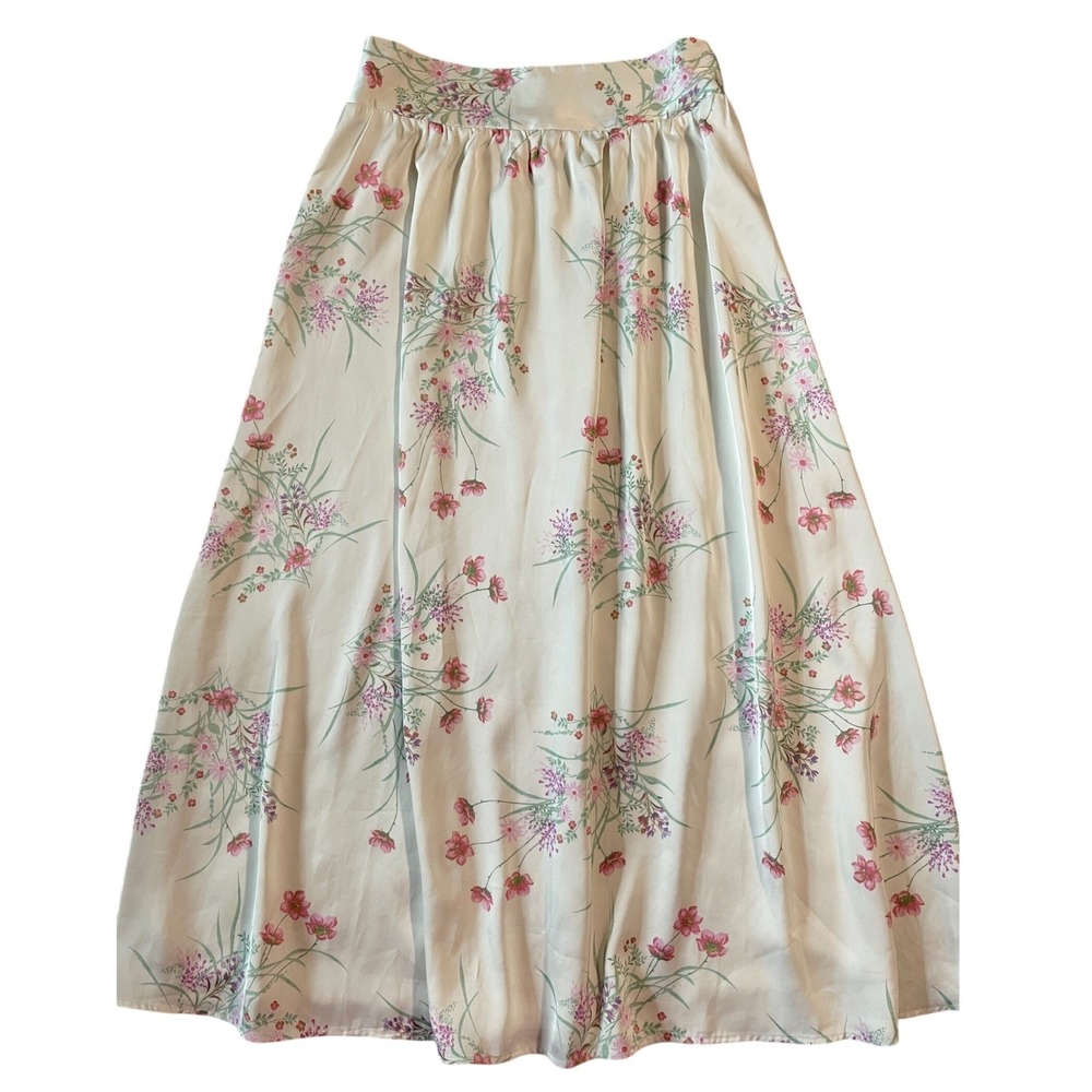Joie Floral Ivory Silky Satin Skirt Women's Small Cottage Style Midi Skirt‎